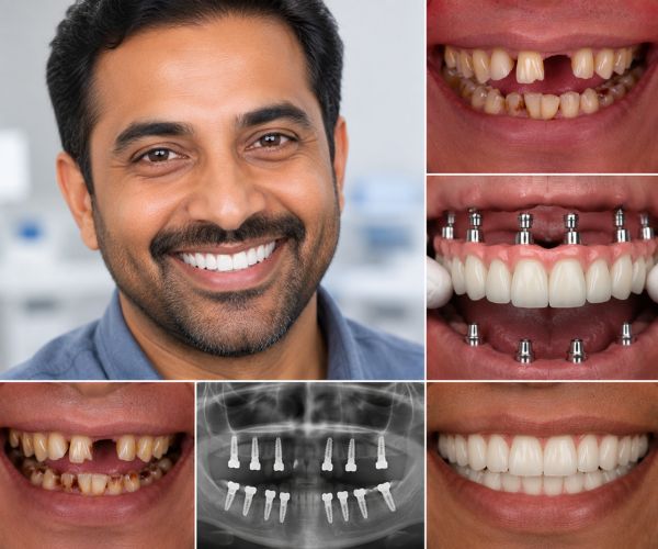 Full mouth rehabilitation in Delhi showing complete dental restoration with implants, crowns, and smile makeover treatment at Dental Care N Cure